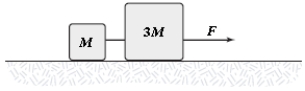 In the figure, the coefficient of kinetic friction between the surface and the larger block is 0.20, and the coefficient of kinetic friction between the surface and the smaller block is 0.30. If F = 14 N and M = 1.0 kg, what is the magnitude of the acceleration of either block?   A) 2.0 m/s<sup>2</sup> B) 1.3 m/s<sup>2</sup> C) 1.5 m/s<sup>2</sup> D) 1.8 m/s<sup>2</sup> E) 3.5 m/s<sup>2</sup>