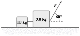 Two blocks connected by a string are pulled across a horizontal surface by a force applied to one of the blocks, as shown. The coefficient of kinetic friction between the blocks and the surface is 0.25. If each block has an acceleration of 2.0 m/s<sup>2</sup> to the right, what is the magnitude F of the applied force? ​   ​ A) 25 N B) 18 N C) 11 N D) 14 N E) 7.0 N