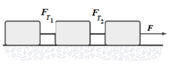 Three boxes slide on a frictionless horizontal surface when pulled by a force of magnitude F. When we compare the tensions   and   with the force F, we find that ​   ​ ​ A)    =   = F. B)    = F >   . C) F >   =   . D) F >   >   . E) F −   <   −   .