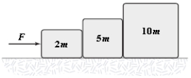 Three boxes are pushed across a frictionless horizontal surface as shown. When we compare the normal force   that mass 2m exerts on mass 5m with the normal force   that mass 5m exerts on mass 10m, we find that ​   ​ A)    =   = F. B)    = F >   . C) F >   =   . D) F >   >   . E) F >   >   .​