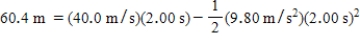 Given the equations below, which description best fits the physical situation? ​   ​ A) A projectile's displacement two seconds after being fired upward with a speed of 30.0 m/s. B) A projectile's displacement two seconds after being fired upward with a speed of 40.0 m/s. C) A projectile's displacement two seconds after being fired upward with a speed of 50.0 m/s. D) A projectile's displacement two seconds after being fired upward with a speed of 60.0 m/s. E) A projectile's displacement two seconds after being fired upward with a speed of 80.0 m/s.