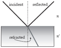 A light ray is partially reflected and partially refracted at a boundary between two media, the upper one having index of refraction n, the lower one having index of refraction n', as shown in the figure. The reflected ray is perpendicular to the refracted ray when   A)    . B)    . C)    . D)    . E)    .