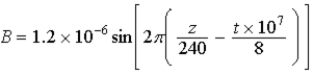 The magnetic field of a plane-polarized electromagnetic wave moving in the z-direction is given by   in SI units. What is the wavelength of the EM wave? A) 120 m B) 240 m C) 60 m D) 100 m E) 360 m