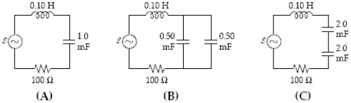 All three circuits shown below have R = 100 Ω, L = 0.1 H and emf ε = (5.0 V)  sin (377 t) . Which statement regarding the angular resonance frequencies ωA, ωB, and ωC is correct? ​   ​ A) ωC > ωA = ωB B) ωC < ωA = ωB C) ωA = ωB = ωC D) ωB < ωA = ωC E) ωB > ωA = ωC