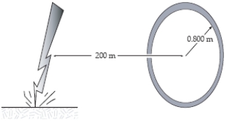 A bolt of lightning strikes the ground 200 m from a 100-turn coil oriented vertically and with the plane of the coil pointing toward the lightning strike. The radius of the coil is 0.800 m and the current in the lightning bolt falls from 6.02 × 106 A to zero in 10.5 μs. What is the voltage induced in the coil over this time period? [A question for future electrical engineers: is there any way to get lightning to strike repeatedly at the same point?] ​  