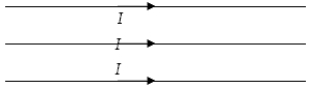 Three coplanar parallel straight wires carry equal currents I to the right as shown below. Each pair of wires is a distance a apart. The direction of the magnetic force on the middle wire   A) is up out of the plane of the wires. B) is down into the plane of the wires. C) is in the plane of the wires, directed upwards. D) is in the plane of the wires, directed downwards E) cannot be defined, because there is no magnetic force on the middle wire.