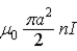 An ideal solenoid of radius a has n turns per unit length and current I. The magnetic flux ΦB through any area completely inside the solenoid, centered on the solenoid axis but at a 45° angle to the axis so that it touches the inside of the solenoid as shown below, is ​   ​ A)    . B)    . C) μ0πa2nI. D) 2μ0πa2nI. E) 0.