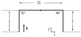 A straight wire is bent into the shape shown. Determine the net magnetic force on the wire when the current I travels in the direction shown in the magnetic field   . ​   ​ A) 2IBL in the −z direction B) 2IBL in the +z direction C) 4IBL in the +z direction D) 4IBL in the −z direction E) zero