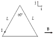 A straight wire is bent into the shape shown. Determine the net magnetic force on the wire.   A) Zero B) IBL in the +z direction C) IBL in the −z direction D) 1.7 IBL in the +z direction E) 1.4 IBL in the −z direction
