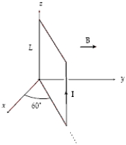 A square loop (L = 0.20 m)  consists of 50 closely wrapped turns, each carrying a current of 0.50 A. The loop is oriented as shown in a uniform magnetic field of 0.40 T directed in the positive y direction. What is the magnitude of the torque on the loop?   A) 0.21 N ⋅ m B) 0.20 N ⋅ m C) 0.35 N ⋅ m D) 0.12 N ⋅ m E) 1.73 N ⋅ m