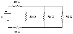 At what rate is thermal energy generated in the 20-Ω resistor when ε = 20 V?   A) 6.5 W B) 1.6 W C) 15 W D) 26 W E) 5.7 W