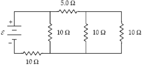 At what rate is thermal energy generated in the 5-Ω resistor when ε = 24 V?   A) 13 W B) 3.2 W C) 23 W D) 39 W E) 51 W
