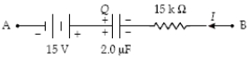 Determine the potential difference, VA − VB, in the circuit segment shown below when I = 2.0 mA and Q = 50 μC.   A) −40 V B) +40 V C) +20 V D) −20 V E) −10 V