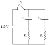 The capacitors are completely discharged in the circuit shown below.   The two resistors have the same resistance R and the two capacitors have the same capacitance C. After the switch is closed, the current A) is greatest in C<sub>1</sub>. B) is greatest in C<sub>2</sub>. C) is greatest in R<sub>1</sub>. D) is greatest in R<sub>2</sub>. E) is the same in C<sub>1</sub>, C<sub>2</sub>, R<sub>1</sub> and R<sub>2</sub>.