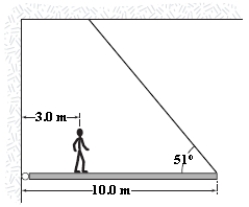 The figure shows a uniform, horizontal beam (length = 10 m, mass = 25 kg)  that is pivoted at the wall, with its far end supported by a cable that makes an angle of 51° with the horizontal. If a person (mass = 60 kg)  stands 3.0 m from the pivot, what is the tension in the cable?   A) 0.83 kN B) 0.30 kN C) 0.38 kN D) 0.42 kN E) 3.0 kN