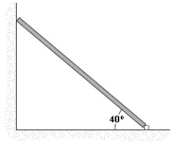 A uniform beam having a mass of 60 kg and a length of 2.8 m is held in place at its lower end by a pin. Its upper end leans against a vertical frictionless wall as shown in the figure. What is the magnitude of the force the pin exerts on the beam?   A) 0.68 kN B) 0.57 kN C) 0.74 kN D) 0.63 kN E) 0.35 kN