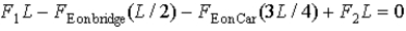 The free-body diagram below represents a 1500-kg car sitting on a 3000-kg bridge supported at its far ends. The car's position is three quarters of the length L from the left end of the bridge. Identify the one error in the torque equation below: ​   ​   ​ A)    never produces a torque on the bridge no matter where the axis of rotation is placed. B)    never produces a torque on the bridge no matter where the axis of rotation is placed. C)    cannot produce a torque on the bridge no matter where the axis of rotation is taken since it is at the center of the bridge. D) Because the perpendicular distance to   from the left end of the bridge is 0, F1L should be 0. E) Because the perpendicular distance to   from the right end of the bridge is 0, F2L should be 0.