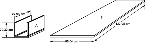  -Storage bin sides are 20.32 cm by 27.94 cm. Three sides are welded together to make each bin. How many bins can be made from the plate shown?