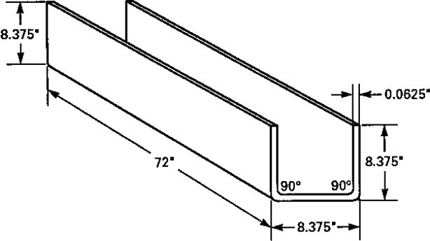 Two outside 90 degree bends are used to shape a section of transfer gutter. Find, in inches, the length of 1/16  plate needed for this gutter.  