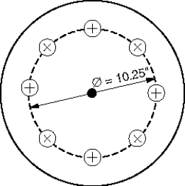 The bolt circle has 8 holes equally spaced. What is the angular distance between each hole?  