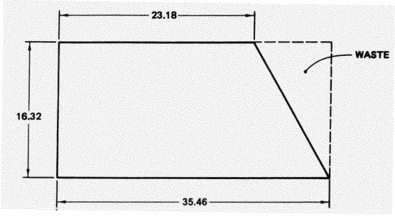 Find, in square inches, the amount of waste in this piece of sheet metal. Express the answer to the nearest hundredth.  