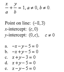 Use the intercept form to find the equation of the line with the given intercepts. The intercept form of the equation of a line with intercepts