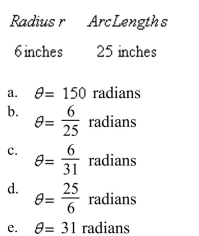 Find the radian measure of the central angle of a circle of radius r that intercepts an arc of length s.