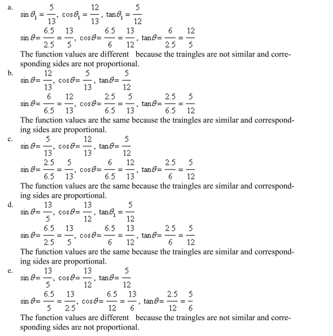 Find the exact values of the three trignometric functions of the angle of the two triangles shown below. Is the function values are the same? Explain.