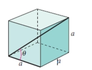  Determine the angle between the diagonal of a cube and its edge, as shown in the fig- ure, where  a = 18  . Round your answer to one decimal place.   A)   56.7 ^ { \circ }  B)   57.7 ^ { \circ }  C)   55.7 ^ { \circ }  D)   54.7 ^ { \circ }  E)   587 ^ { \circ }