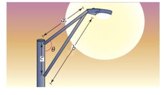  Determine the angle  \theta  in the design of the streetlight shown in the following figure.  a = 4 , b = 5 \frac { 1 } { 2 } , c = 3     A)   97.6 ^ { \circ }  B)   112.6 ^ { \circ }  C)   92.6 ^ { \circ }  D)   102.6 ^ { \circ }  E)   107.6 ^ { \circ }