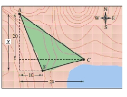 A large region of forest has been infested with gypsy moths. The region is roughly triangular, as shown in the figure on the next page. From the northernmost vertex A of the region, the distances to the other vertices are x = 25 miles south and 10 miles east (for vertex B), and 20 miles south and 28 miles east (for vertex C). Use a graphing utility to approximate the number of square miles in this region. ​     ​