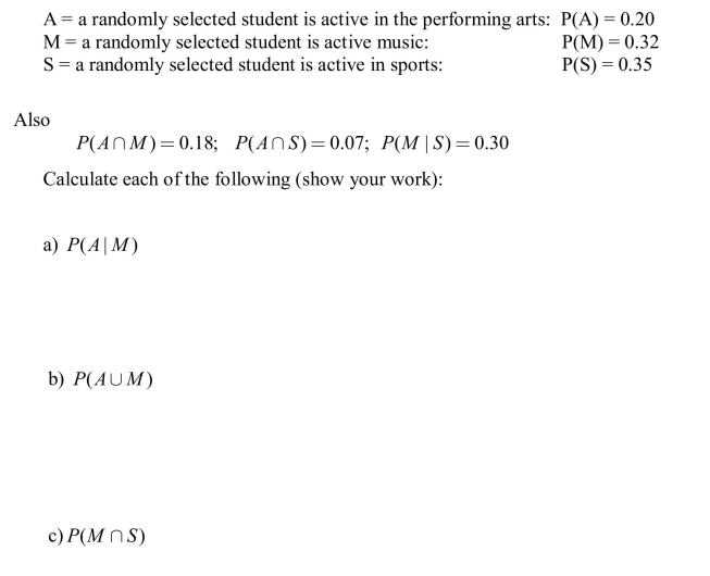 At Thomas Jefferson High School, students are heavily involved in extra-curricular activities. Suppose that a student is to be selected at random from the students at this school. Let the events A, M, and S be defined as follows, with the probabilities listed:  <div style=padding-top: 35px> 