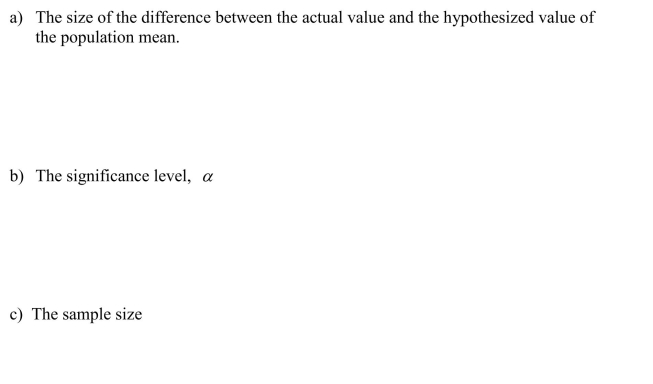 Describe in a few sentences how each of the following affects the power of a test: