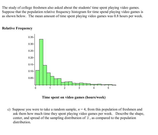 A very large study of college students' study habits found that the time (in hours) that freshmen study each week is approximately normal with mean 24 hours and standard deviation 8 hours. Consider random samples of size 16 from the population of freshmen.