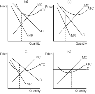 Consider the following graph    Identify: (a) Which panel(s) could represent a firm in monopolistic competition in the long run; (b) Which panel(s) could not represent a firm in monopolistic competition in the short run; (c) Which panel(s) could represent a firm in monopolistic competition making a loss; (d) Which panel(s) could represent a firm in monopolistic competition making a positive economic profit