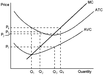 Graph 14-6   This graph depicts the cost structure of a firm in a competitive market.Use the graph to answer the following question(s) . -Refer to Graph 14-6.When market price is P₁, a profit-maximising firm's total revenue can be represented by the area: A) P₃ * Q₂ B) P₁ * Q₃ C) P₁ * Q₂ D) P₂ *Q₂