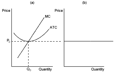 Graph 14-8   -Refer to Graph 14-8.If the figure in panel (a)  reflects the long-run equilibrium of a profit-maximising firm in a competitive market, the figure in panel (b)  most likely reflects: A) perfectly inelastic long-run market supply B) the product of individual firm supply curves for all firms in the market C) the idea that free entry and exit of firms in the market lead to only one market price in the long run D) zero profits cannot be sustained in the long run