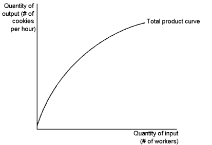 Graph 13-1   This graph depicts a production function for a firm that produces cookies.Use the graph to answer the following question(s) . -Refer to Graph 13-1.As the number of workers increases: A) total output increases, but at a decreasing rate B) marginal product increases but at a decreasing rate C) marginal product increases D) total output decreases