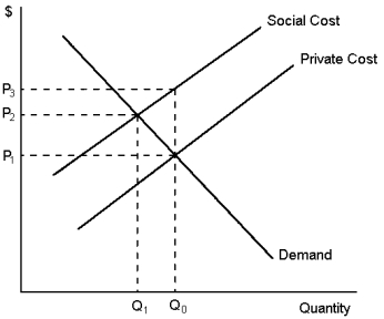 Graph 10-1   -Refer to Graph 10-1.In the figure shown, an optimal government policy would be a tax on production to the value of: A) P₃ - P₁ B) P₃ - P₂ C) The value of the optimal tax cannot be measured