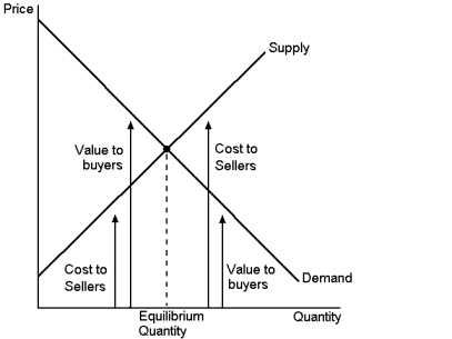 Graph 7-7   -Refer to Graph 7-7.Explain why this graph verifies the fact that the market equilibrium (quantity) maximises the sum of producer and consumer surplus.