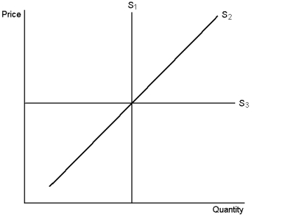Graph 5-5    -In Graph 5-5, which supply curve is most likely the long-run supply curve? A) S1 B) S<sub>2</sub> C) S3 D) all of the above are equally likely to be the long-run supply curve
