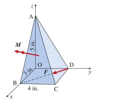  Force  F  is applied at D along line DB and couple  \boldsymbol { M }  is perpendicular to plane ABC. Assume magnitudes F = 20 lb and couple M = 50 in-lb. The moment  \boldsymbol { M } \boldsymbol { A } \text { (in-lb)  due to both } \boldsymbol { F } \text { and } \boldsymbol { M } \text { is: }    A)   37 \boldsymbol { i } - 60 \boldsymbol { j } + 22 \boldsymbol { k }  B)   - 37 i - 60 j - 22 k  C)   - 37 i - 60 j - 22 k . D)   - 60 i - 37 j - 22 k   
