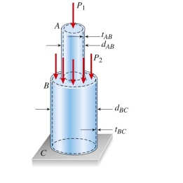  hollow circular post ABC (see figure)  supports a load  P _ { 1 } = 16 \mathrm { kN }  16 kN acting at the top. A second load  P _ { 2 }  is uniformly distributed around the cap plate at B. The diameters and thicknesses of the upper and lower parts of the post are  d _ { A B } = 30 \mathrm {~mm} , t _ { A B } = 12 \mathrm {~mm} , d _ { B C} = 60 \mathrm {~mm} , \text { and } t _ { B C } = 9  9 mm, respectively. The lower part of The post must have the same compressive stress as the upper part. The required magnitude of the load  P _ { 2 }  is Approximately:    A)   18 \mathrm { kN }  B)   22 \mathrm { kN }  C)   28 \mathrm { kN }  D)   46 \mathrm { kN }   