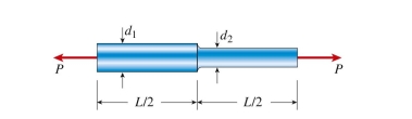  brass bar (E = 110 MPa)  of length  L = 2.5 \mathrm {~m} \text { has diameter } d _ { 1 } = 18   mm over one-half of its length and  \text { diameter } d _ { 2 } = 18   mm over the other half. Compare this nonprismatic bar to a prismatic bar of the same volume of material with constant diameter d and length L. The elongation of the prismatic bar under the same load P = 25 kN is approximately:   A)  3 mm B)  4 mm C)  5 mm D)  6 mm 