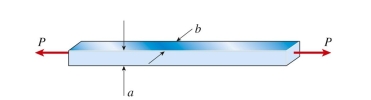  A steel bar of rectangular cross section (a = 38 mm, b = 50 mm)  carries a tensile load P. The allowable stresses in tension and shear are 100 MPa and 48 MPa, respectively. The maximum permissible load  P _ { \max }  is Approximately:    A)   56 \mathrm { kN }  B)   62 \mathrm { kN }  C)   74 \mathrm { kN }  D)   91 \mathrm { kN }   