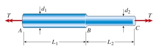  stepped steel shaft (  ( G = 75 \mathrm { GPa } )  \text { with diameters } d _ { 1 } = 36 \mathrm {~mm} \text { and } d _ { 2 } = 32 \mathrm {~mm}   is twisted by torques T at each end. Segment lengths are  L _ { 1 } = 0.9 \mathrm {~m} \text { and } L _ { 2 } = 0.75 \mathrm {~m}   If the allowable shear stress is 28 MPa and Maximum allowable twist is 1.8°, the maximum permissible torque is approximately:    A)   142 \mathrm {~N} \cdot \mathrm { m }  B)   180 \mathrm {~N} \cdot \mathrm { m }  C)   185 \mathrm {~N} \cdot \mathrm { m }  D)   257 \mathrm {~N} \cdot \mathrm { m }   