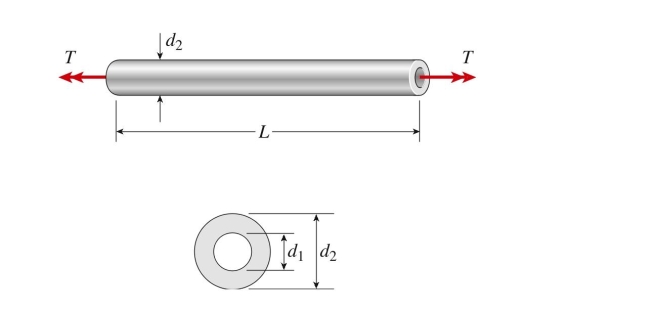  A hollow aluminum shaft (  \left( G = 27 \mathrm { GPa } , d _ { 2 } = 96 \mathrm {~mm} , \text { and } d _ { 1 } = 52 \mathrm {~mm} \right)   has an angle of twist per unit length of   1.8^{\circ} / \mathrm{m}   due to torques T. The resulting maximum tensile stress in the shaft is approximately:    A)   38 \mathrm { MPa }  B)   41 \mathrm { MPa }  C)   49 \mathrm { MPa }  D)   58 \mathrm { MPa }   