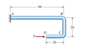 A steel hanger with solid cross section has horizontal force P = 5.5 kN applied at free end D. Dimension variable b = 175 mm and allowable normal stress is 150 MPa. Neglect self-weight of the hanger. The required Diameter of the hanger is approximately:   A)  5 cm B)  7 cm C)  10 cm D)  13 cm