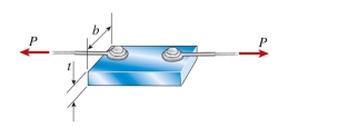  Two thin cables, each having a diameter of d = t/6 and carrying tensile loads P, are bolted to the top of a rectangular steel block with cross-sectional dimensions  b \times l  . The ratio of the maximum tensile to compressive Stress in the block due to loads P is:    A)   1.5  B)   1.8  C)   2.0  D)   2.5   
