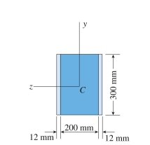 \text { A composite beam is made up of a } 200 \mathrm {~mm} \times 300 \mathrm {~mm} \text { core } \left( E _ { c } = 14 \mathrm { GPa } \right)  \text { and an exterior cover sheet }   \left( 300 \mathrm {~mm} \times 12 \mathrm {~mm} , E _ { e } = 100 \mathrm { GPa } \right)   on each side. Allowable stresses in core and exterior sheets are  9.5 \mathrm { MPa }  and  140 \mathrm { MPa } , respectively. The ratio of the maximum permissible bending moment about the  z  axis to that about the  y  axis is most nearly:   A)  0.5 B)  0.7 C)  1.2 D)  1.5 